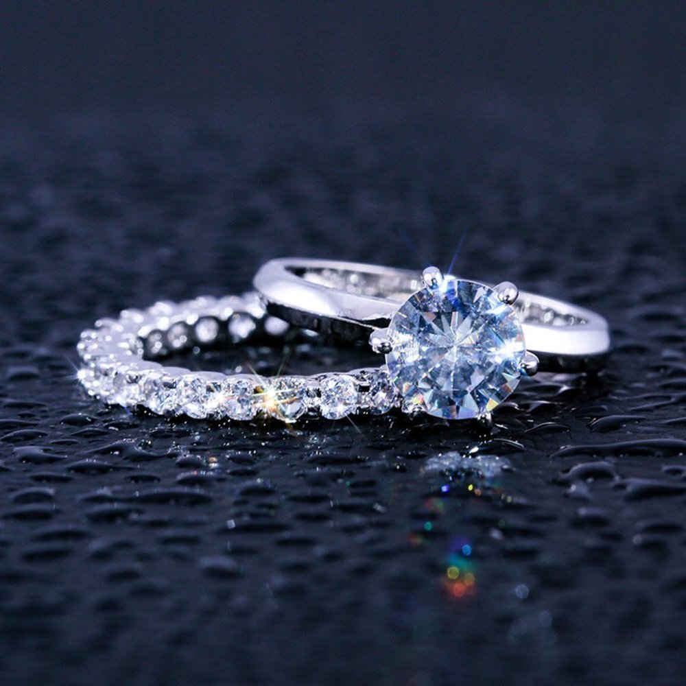 Beautiful 925 Silver Plated 2 Pcs CZ Wedding Ring, FB16FA1067 - Picture 4 of 7